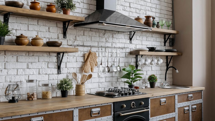 A kitchen interior with a range hood above the gas stove