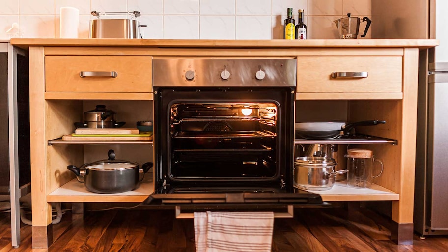 kitchen with open oven