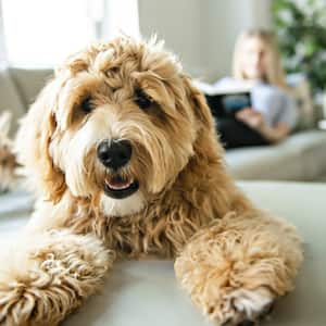 Woman with his Golden Labradoodle dog at home