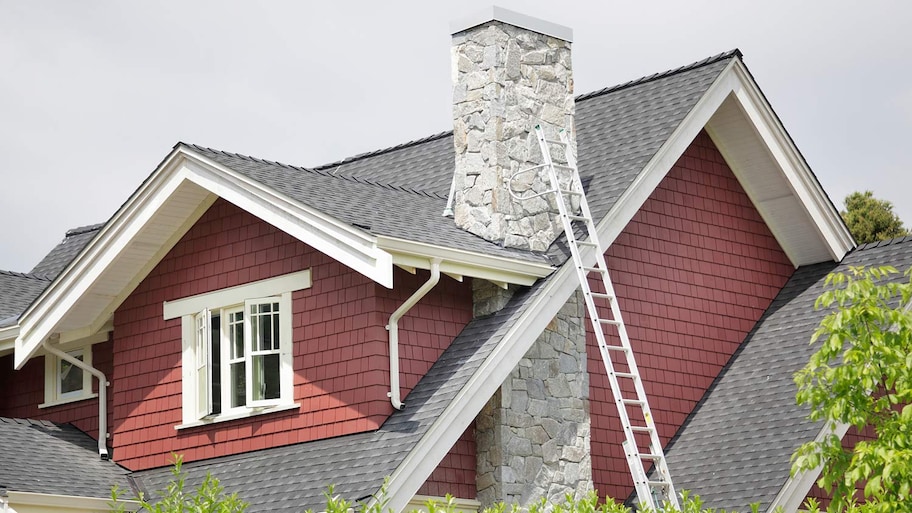 Ladder propped up on chimney of house