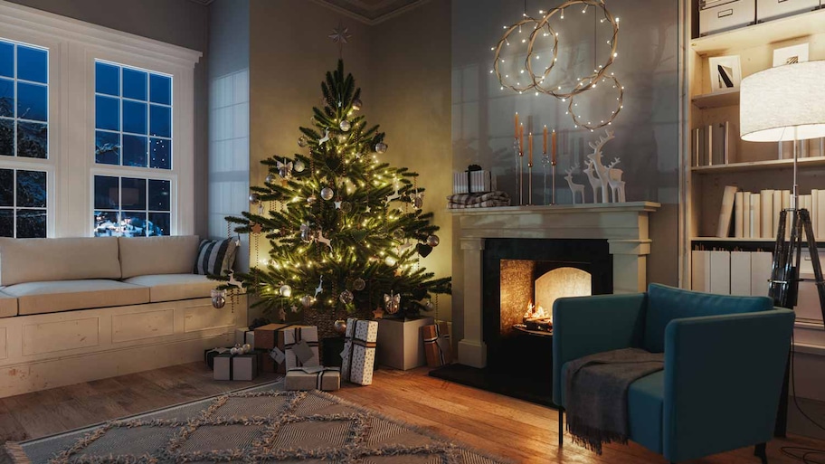 A living room with a Christmas tree and lights