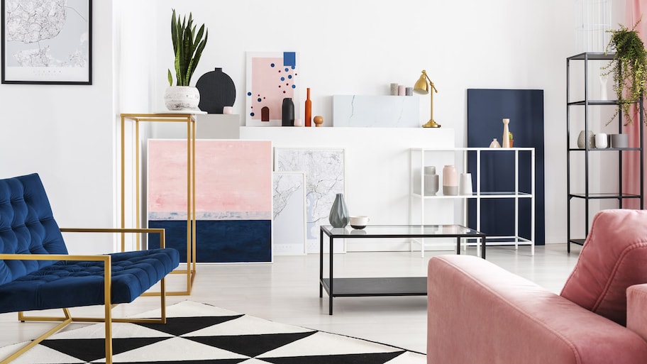 Interior of a living room with collector’s pieces and marble flooring