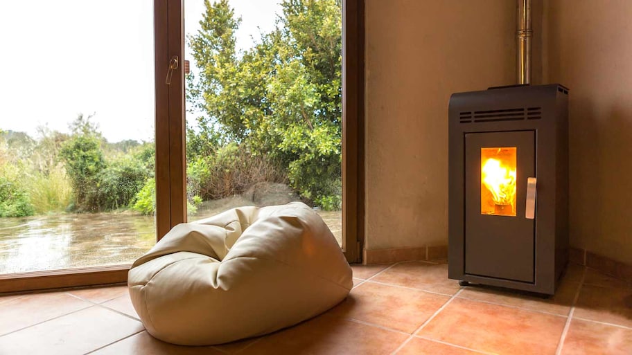 living room with pellet stove