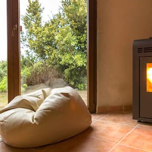 living room with pellet stove