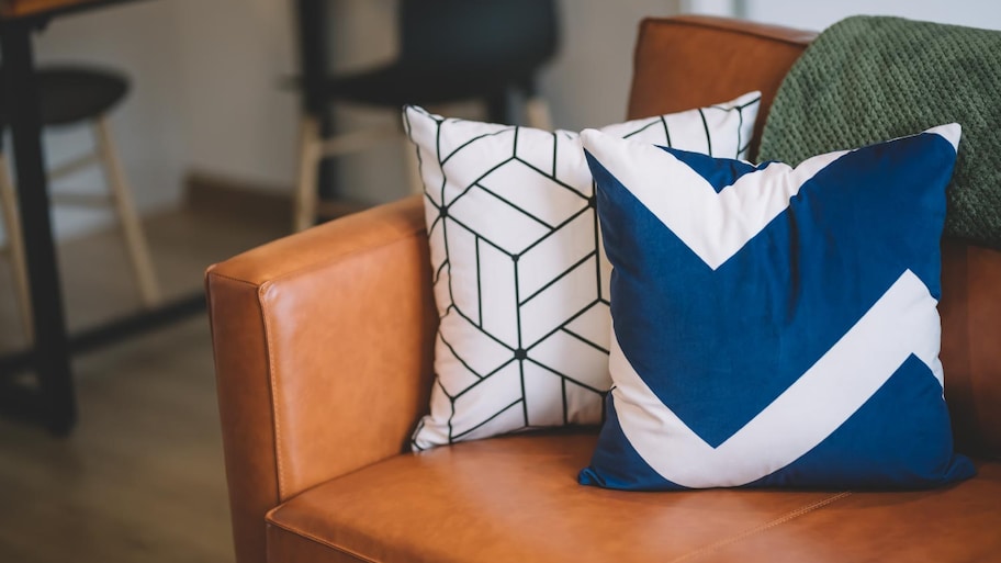 Loose cushions above the leather sofa 