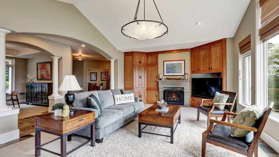 A luxurious living room with vaulted ceiling