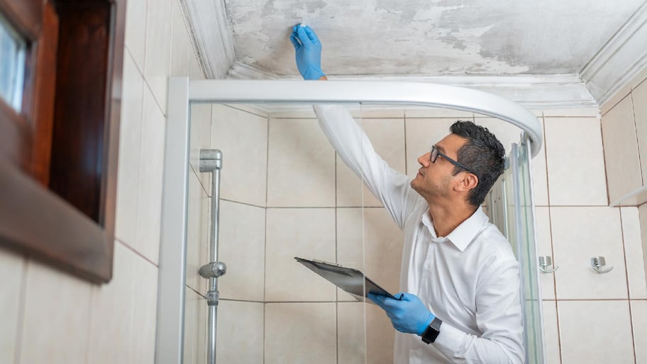 A man examining fungi on the ceiling