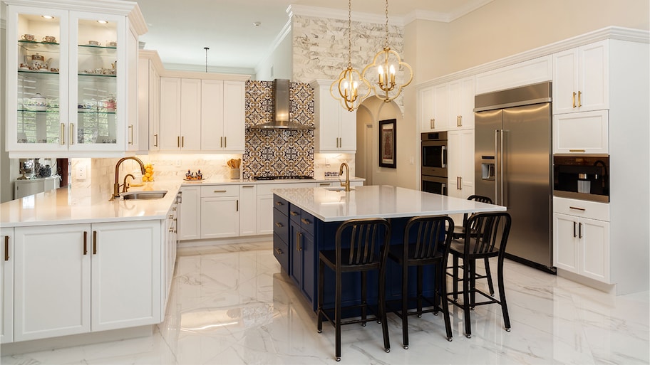 modern white kitchen with marble floors 