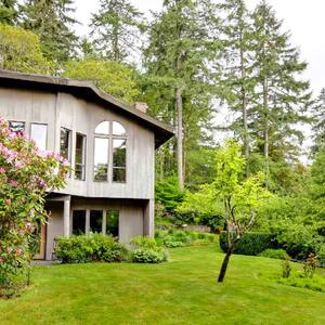 A modern house with trees in its yard