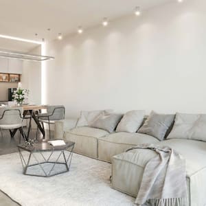 A modern living room with a drop ceiling