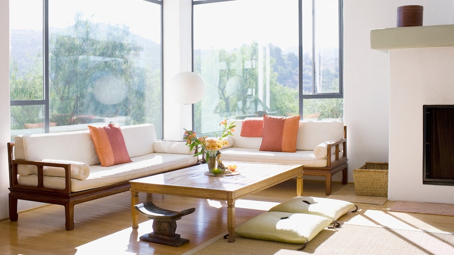 The interior of a modern living room on a sunny day