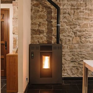 A modern pellet stove inside a house