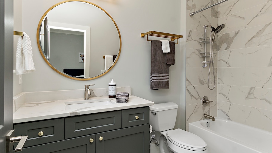 neat organized modern bathroom   