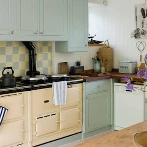 A kitchen with pastel colored cabinets