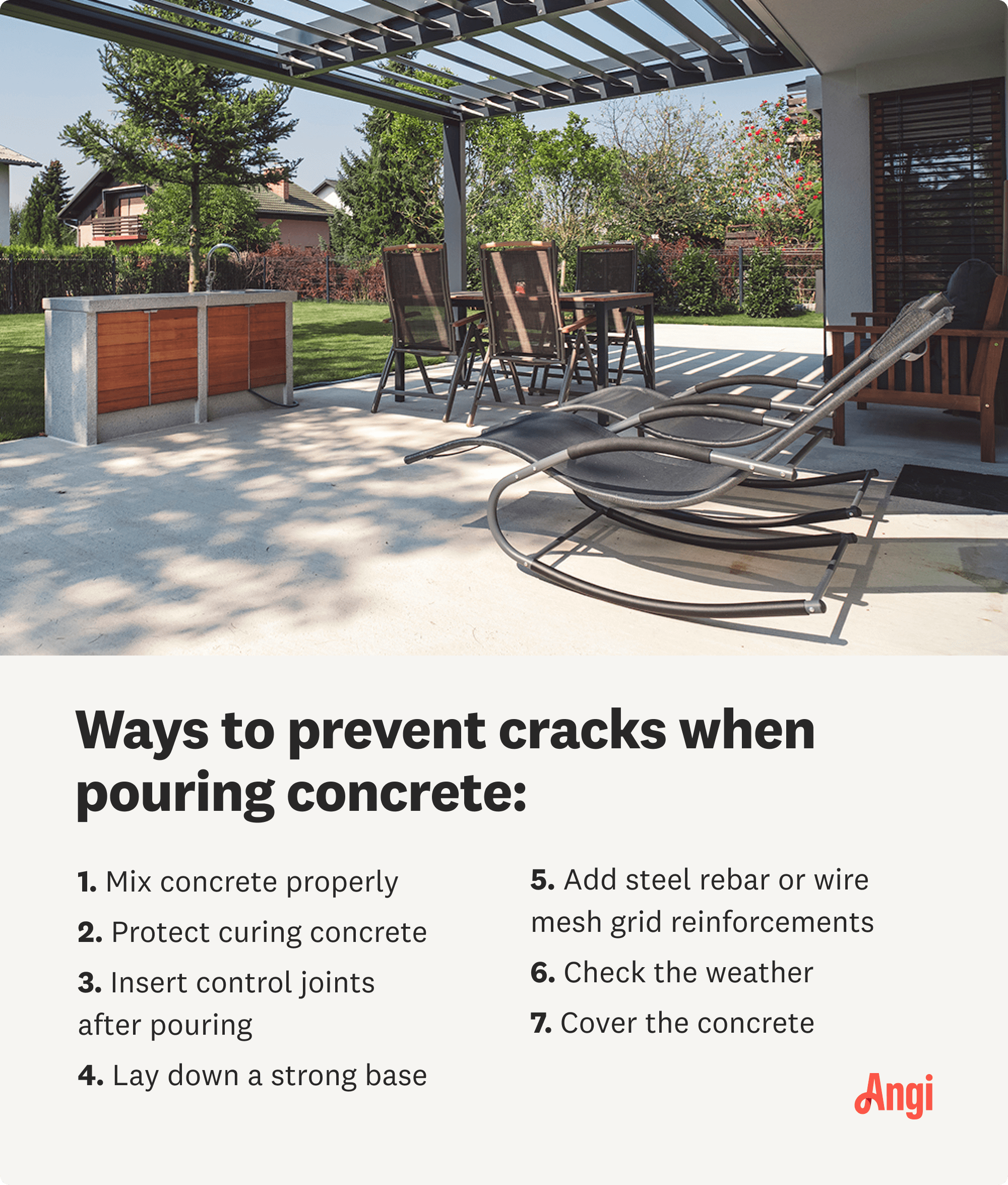 7 ways to prevent cracks when pouring concrete, including laying a strong base and adding steel rebar or a wire mesh grid