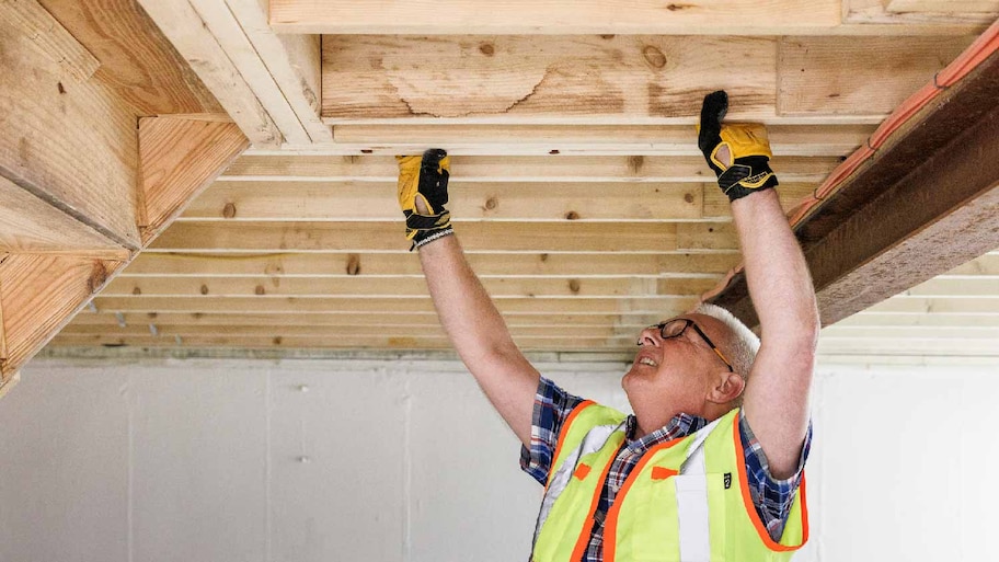 A professional inspecting a basement ceiling for black mold