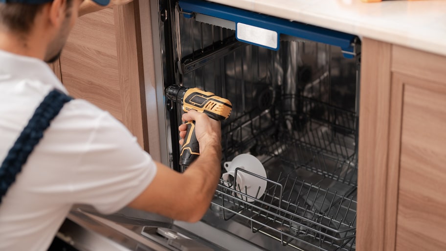 A professional installing a new dishwasher