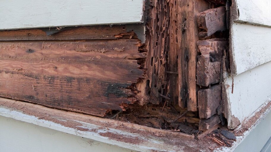 Rotten wood on exterior of house.