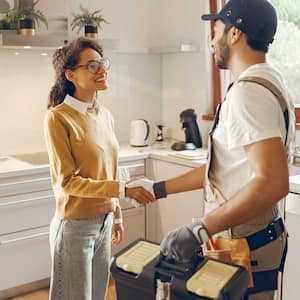 Professional plumber is shaking hands with happy client