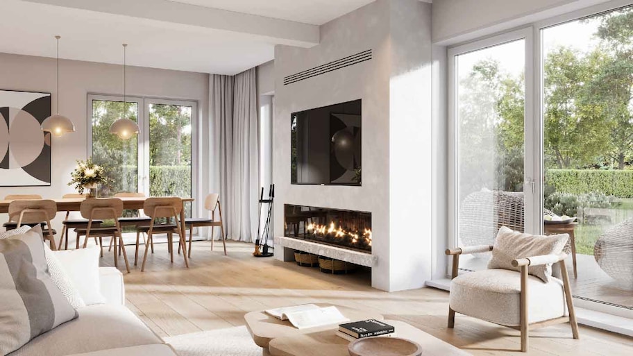 A spacious living room with a vent above the fireplace 