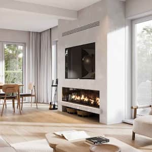 A spacious living room with a vent above the fireplace 