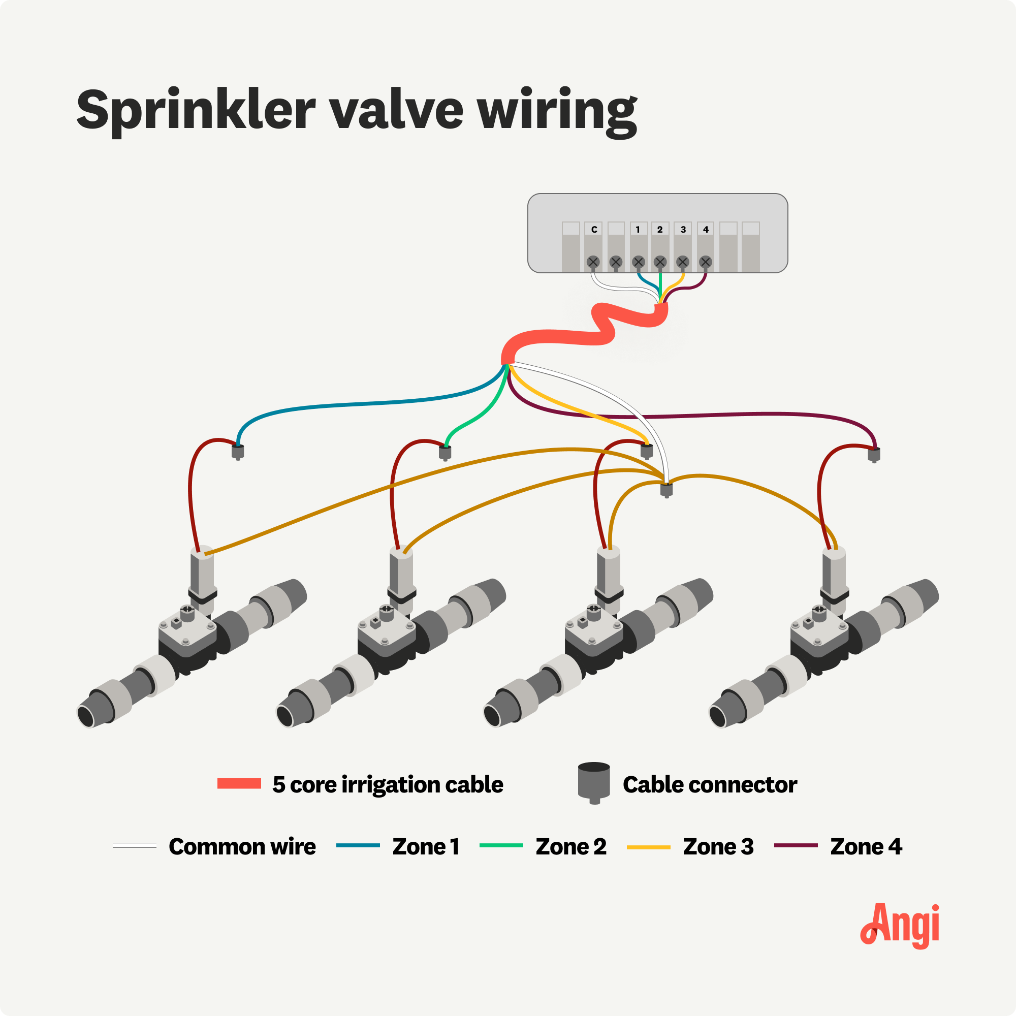 Sprinkler valve wiring illustrated, including cable connectors, a common wire, and wire zones