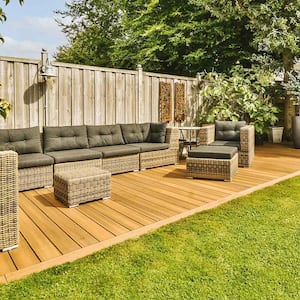 Outdoor sitting area with stained wooden deck  