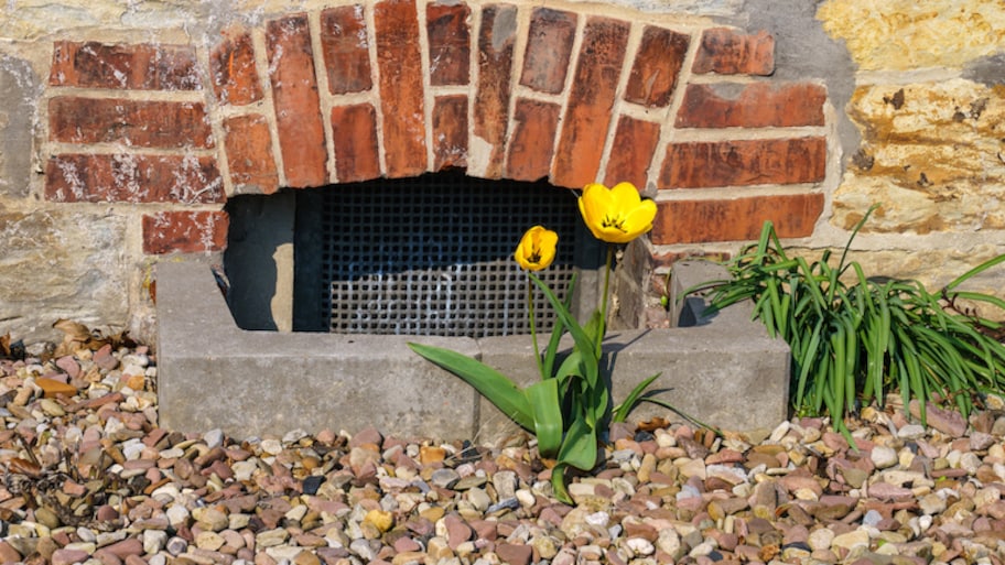 a basement window covered by wire mesh, surrounded by stone egress and topped with decorative brick