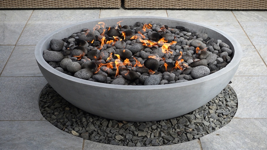 modern fire pit on patio 