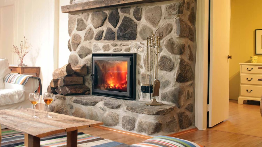 A stone fireplace