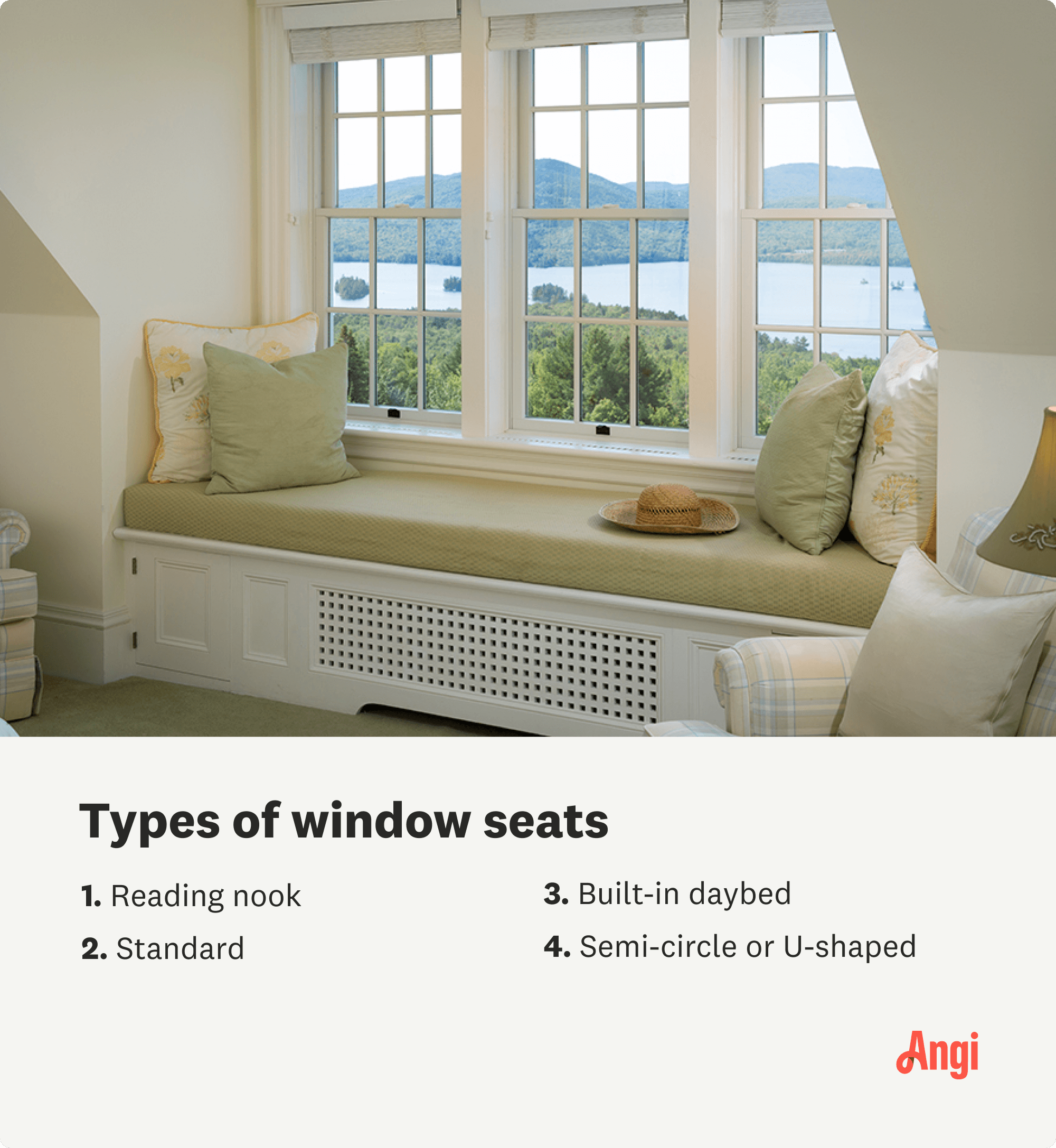 4 types of window seats, including a reading nook, built-in daybed, and semi-circle or U-shaped