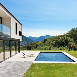 A modern villa with a saltwater pool and magnificent view