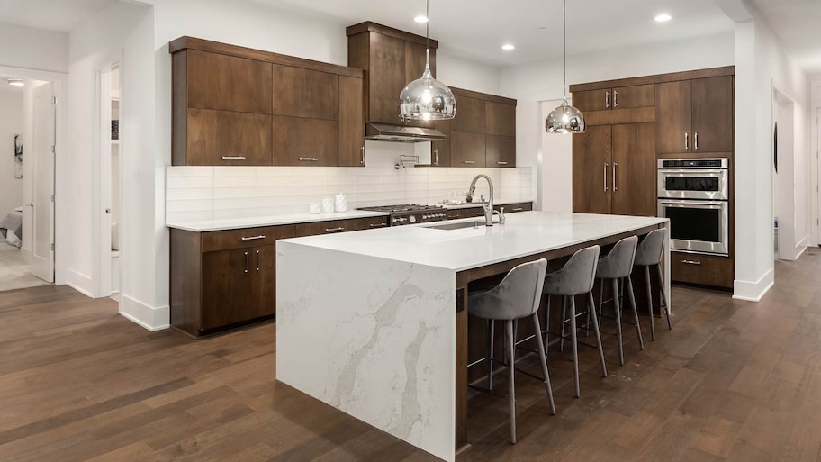 quartz waterfall kitchen island 