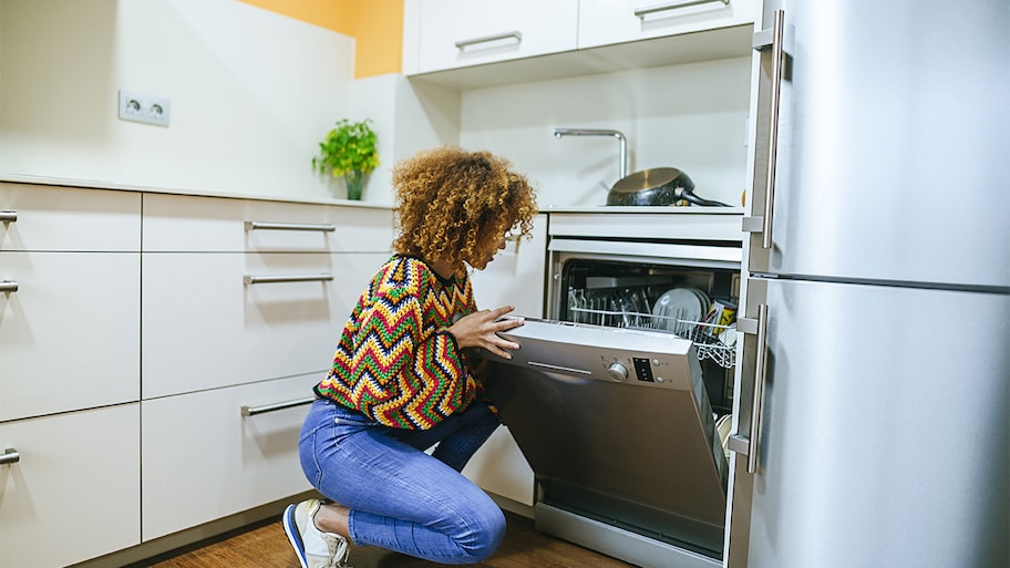 woman in the kitchen looking at dishwasher