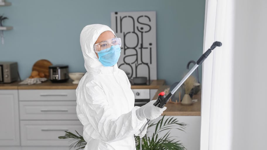 A woman in a protective suit fumigating the curtains