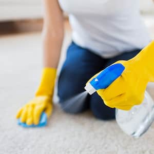 woman spraying carpet to prevent stains