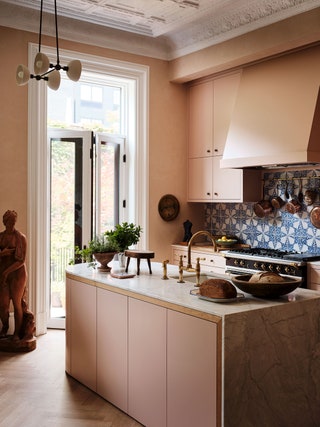 kitchen with blue backsplash