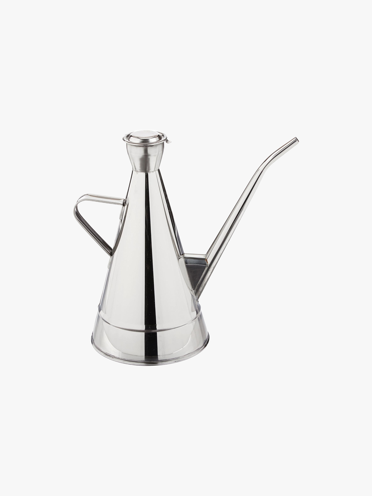 Metal olive oil dispenser shaped like a watering can.