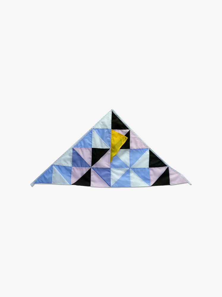 Triangle patchwork flag in blue purple black and yellow.