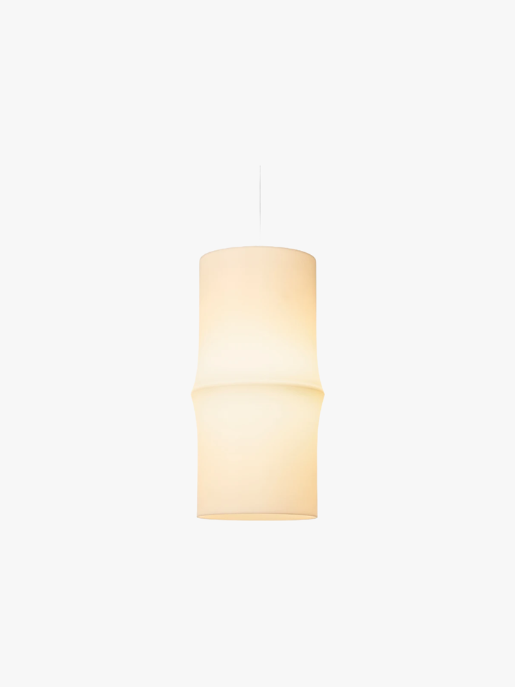 Pendant lamp with a lampshade shaped like a piece of bamboo.