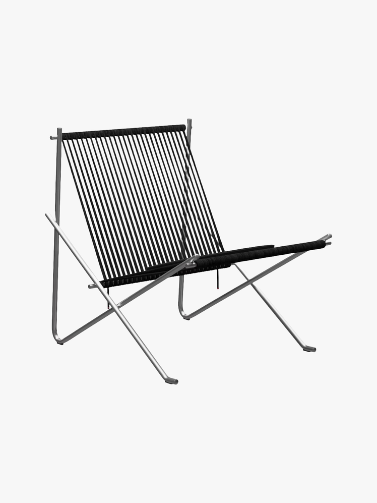 Danish midcentury modern chair with brushed stainlesssteel frame and woven flag halyard roping seat and back.