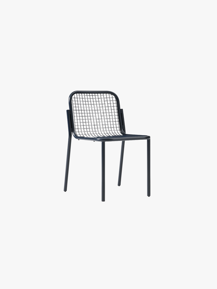 Metal Frame Stacking Chair With Gridlike Seat and Back.