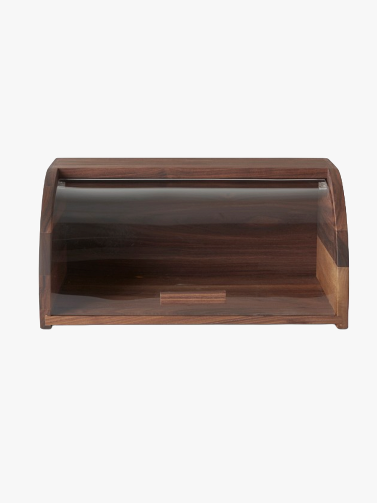 Walnut bread box with sliding acrylic door.