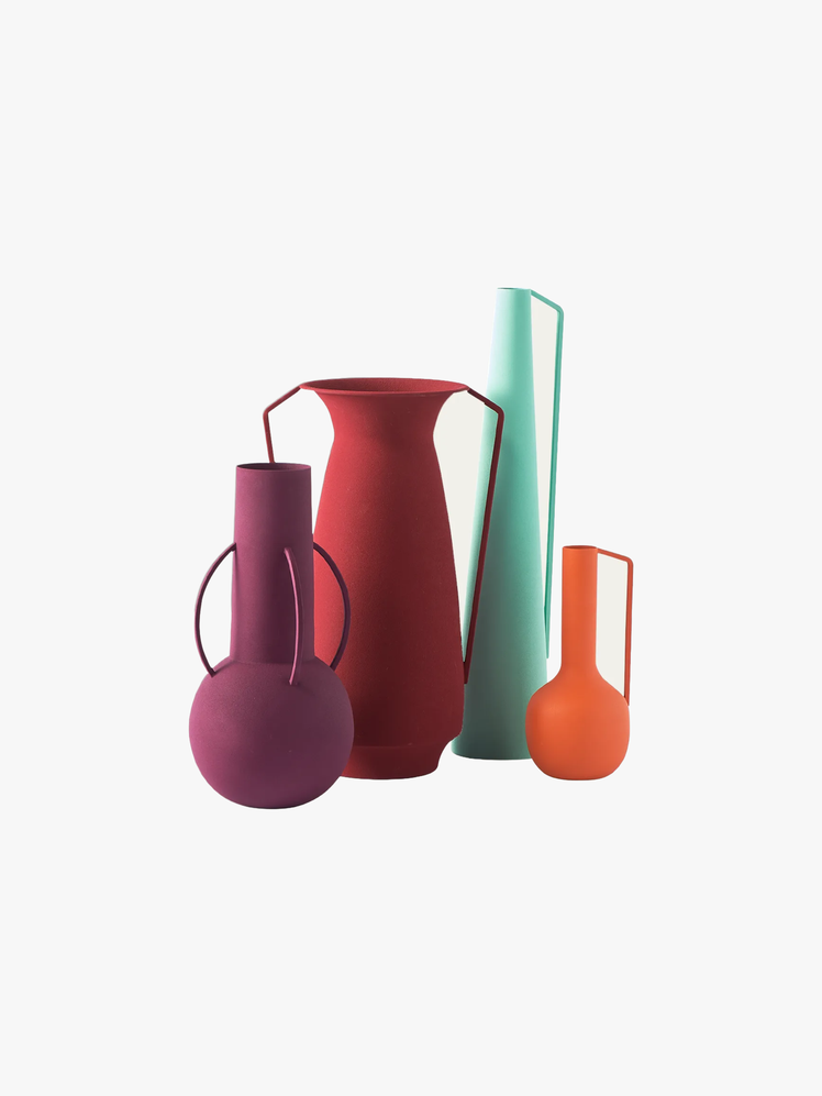 Set of four Romaninspired vases in maroon red orange and teal.