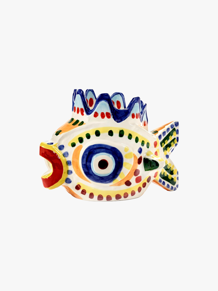 Ceramic vase shaped like a fish with colorful glaze.