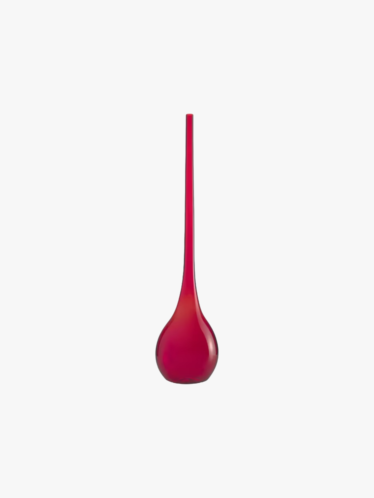 A red Murano glass vase with a dramatically tapered and elongated neck.