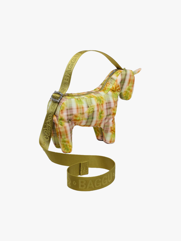 Shoulder bag shaped like a horse in a green yellow and orange plaid  and floral fabric.