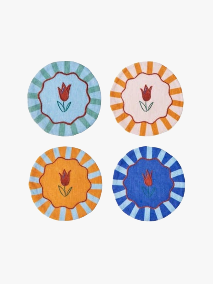 Made from thick linen with colorful tulip motifs these charming coasters are equal parts decorative and durable.