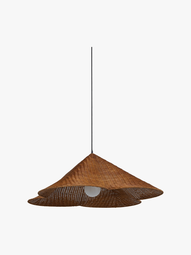 A wicker pendant light with a shapely silhouette