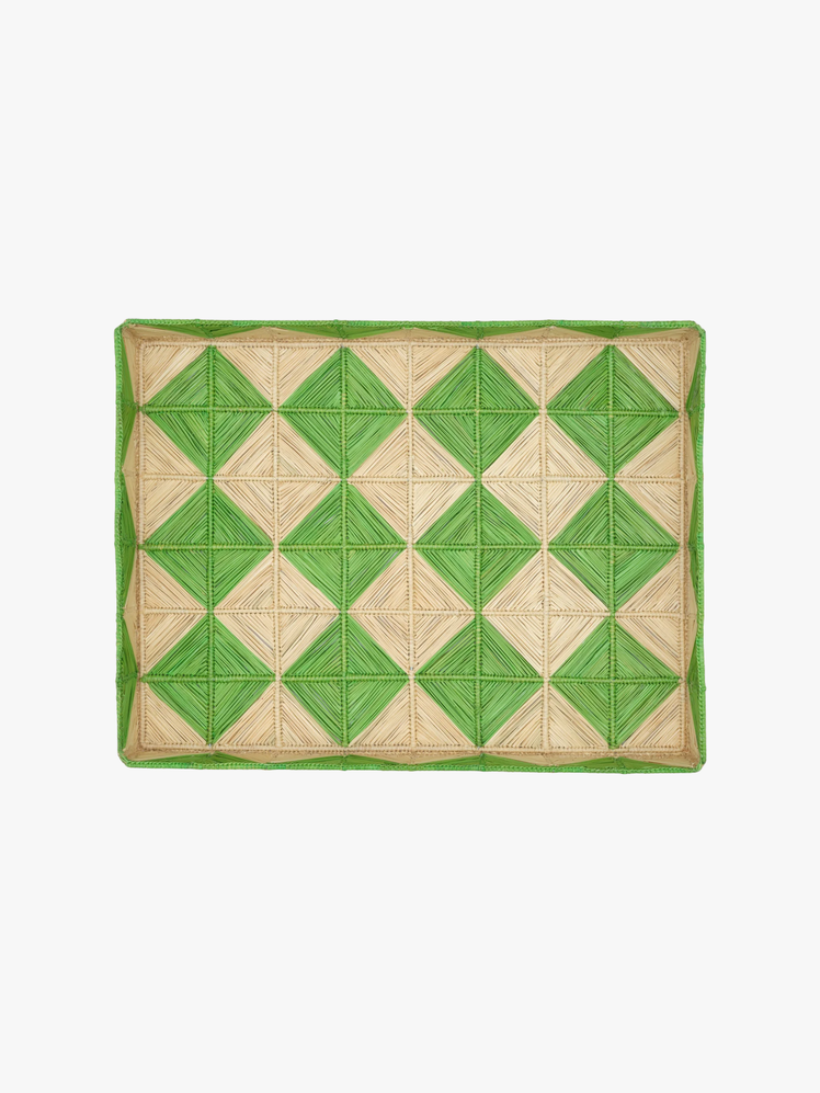 Rectangular tray woven from palm with green and beige diamond pattern.